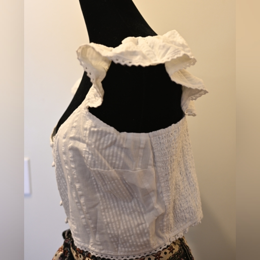 White Ruffle Smocked Crop Seersucker Button Down Top XL NWT Milkmaid Cottagecore - Picture 3 of 8